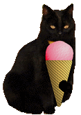 black cat licking a pink ice cream